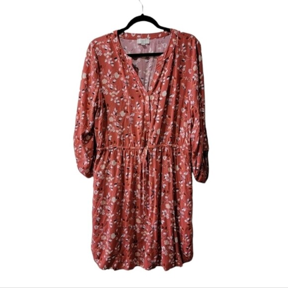 Loft rust orange floral long sleeves Rayon dress size L 3/4 tab sleeve V neck - Picture 1 of 6